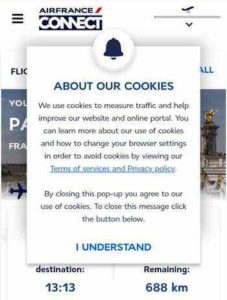 エールフランスの機内WiFiのクッキー承認画面